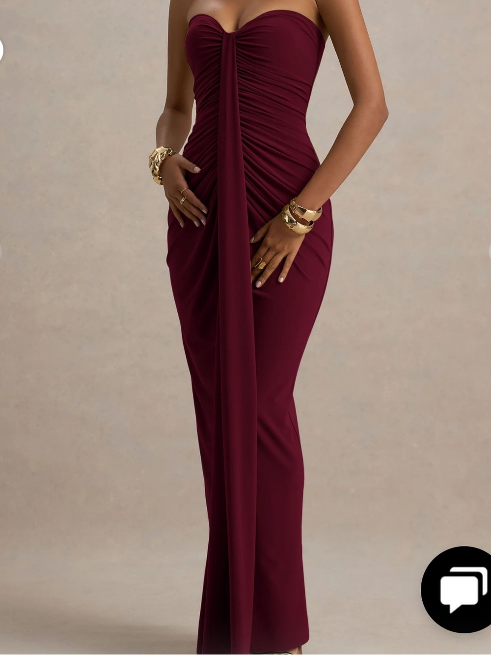 Club L London Strapless Ruched Draped Maxi Dress in Burgundy Wine